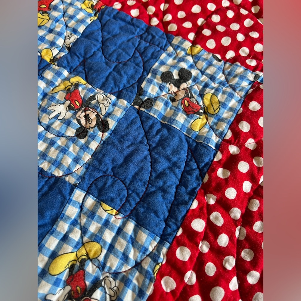 Mickey Mouse Handmade Patchwork Square Baby Quilt Nursery Blue Red Polka Dot 29” - Picture 4 of 6